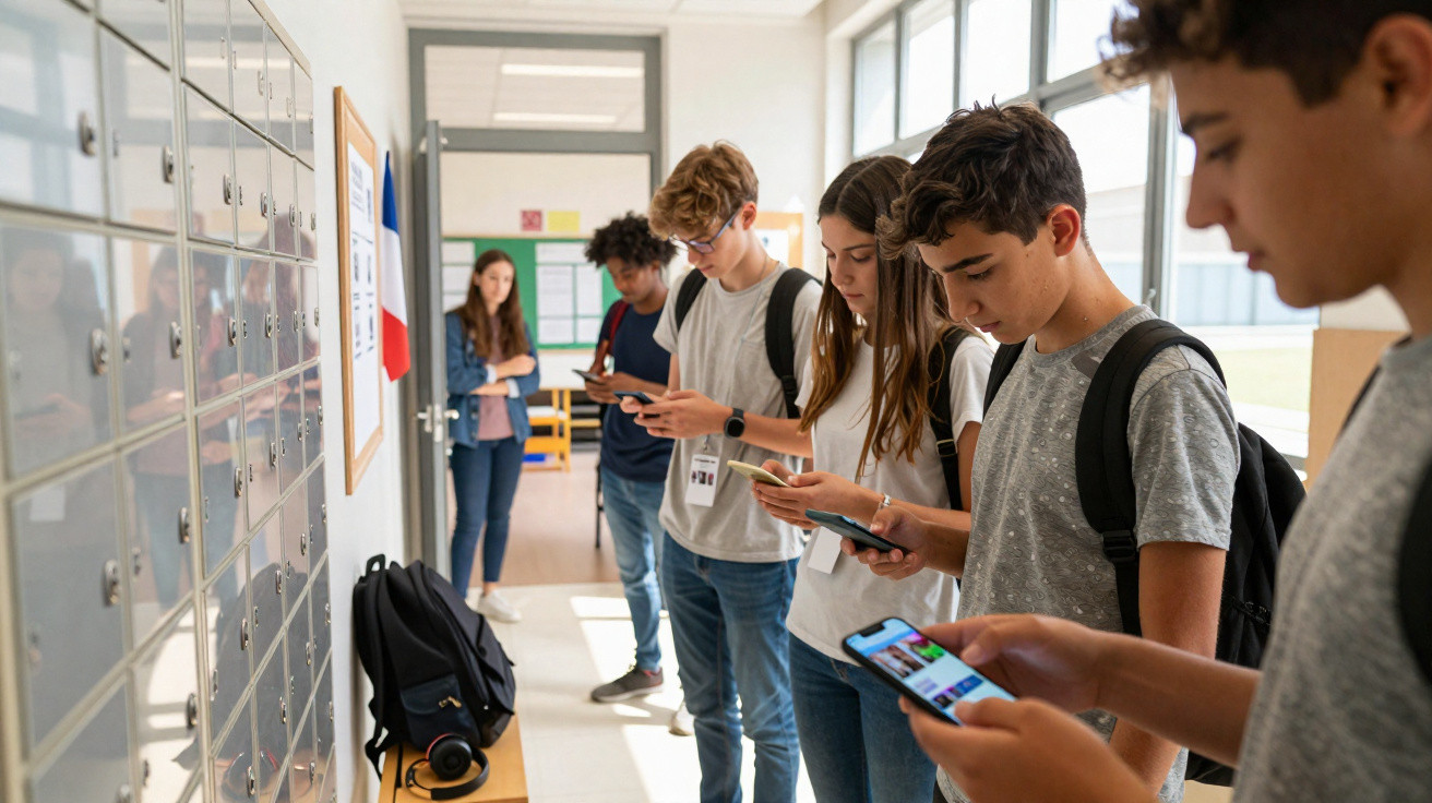 Grupo de jovens estudantes numa escola, usando telemóveis junto a cacifos.