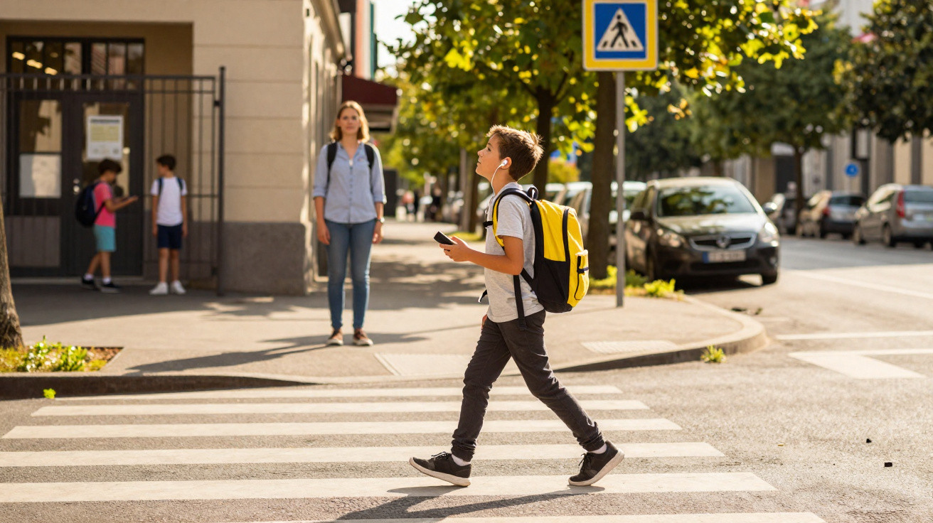 Criança com mochila amarela a atravessar passadeira numa rua urbana, com pessoas e carros ao fundo.