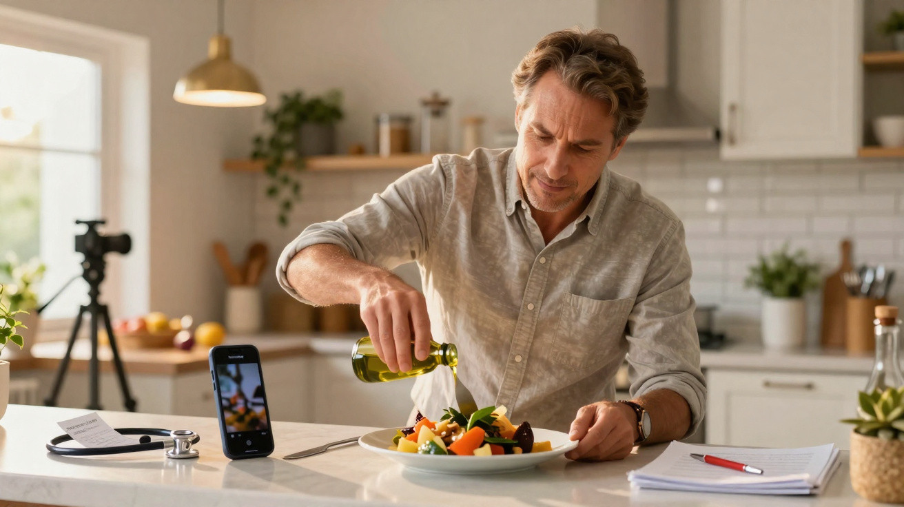Homem a temperar salada com azeite na cozinha, com telemóvel e caderno à sua frente.