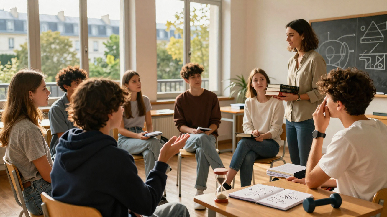 Grupo de estudantes sentados em círculo numa sala de aula, com professora de pé a entregar livros.