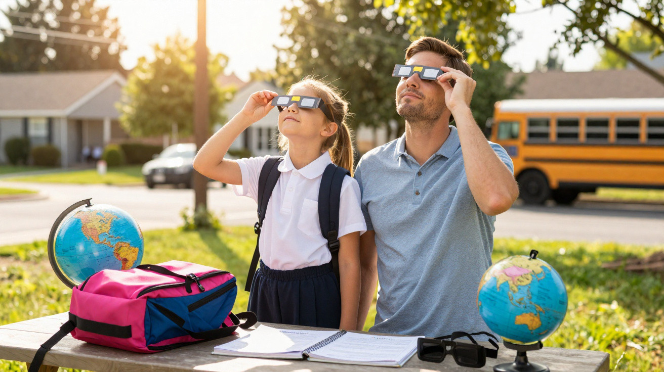 Pai e filha com óculos especiais observam o céu durante uma atividade ao ar livre numa escola.