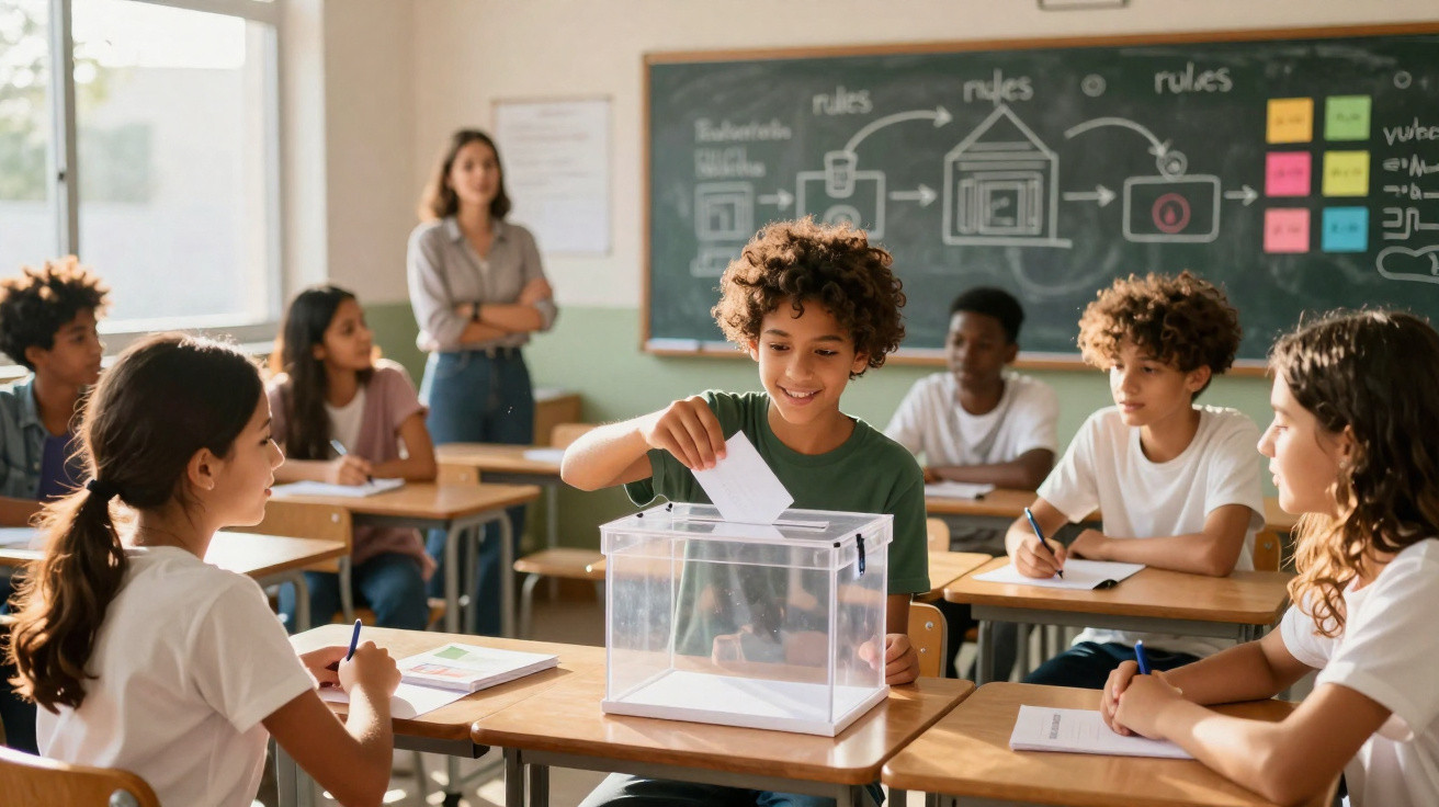 Criança a votar numa urna escolar com colegas e professora atentos numa sala de aula.