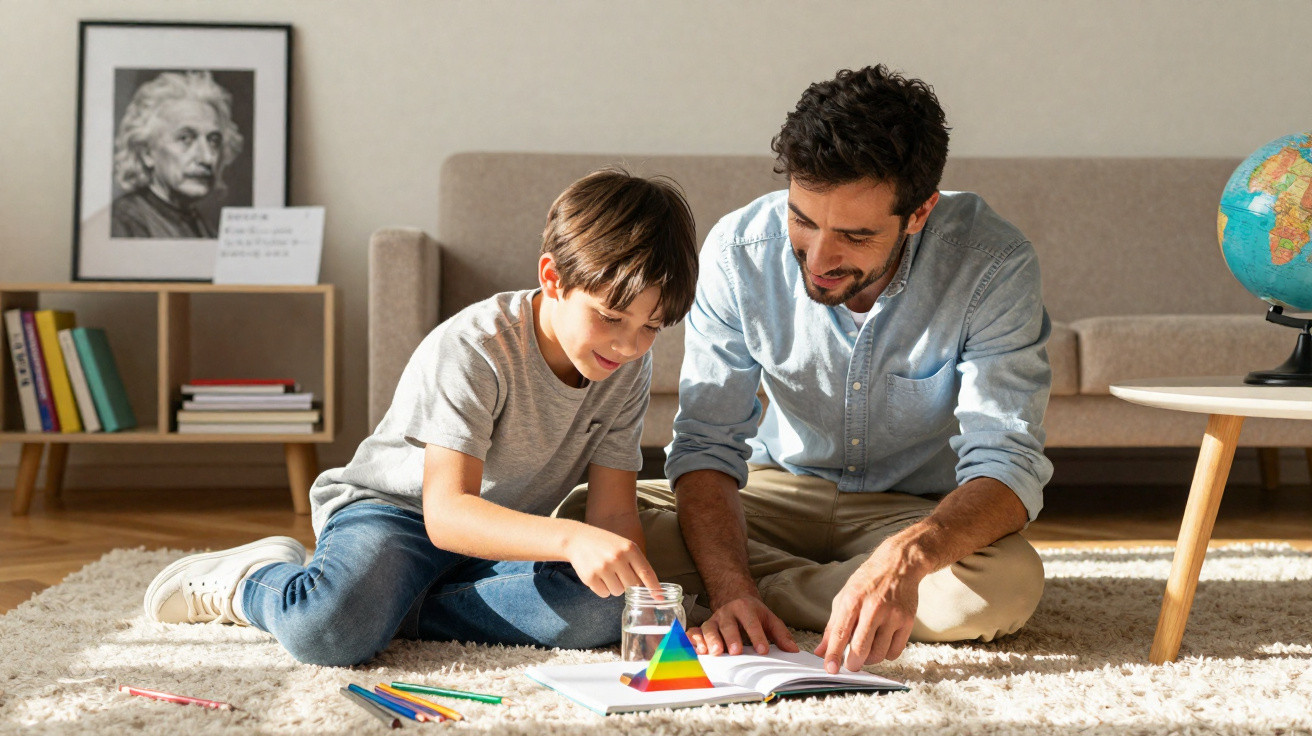 Pai e filho sentados no chão a estudar, com livros, lápis de cor e um globo numa sala iluminada.
