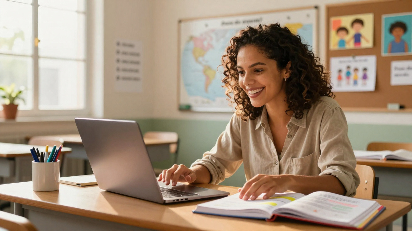 Mulher sorridente a usar portátil numa sala de aula, com livros e material escolar na secretária.