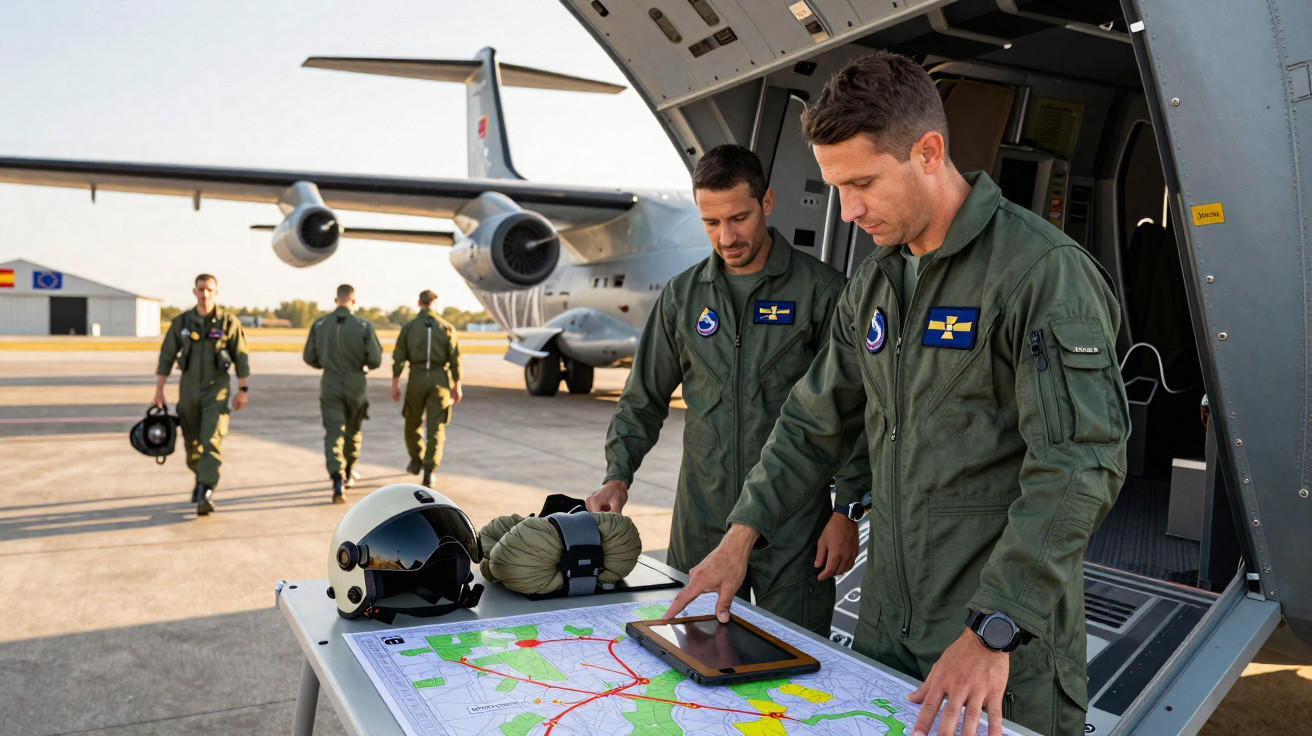 Dois pilotos militares a planear uma rota aérea numa mesa com mapa, perto de avião militar estacionado no aeroporto.