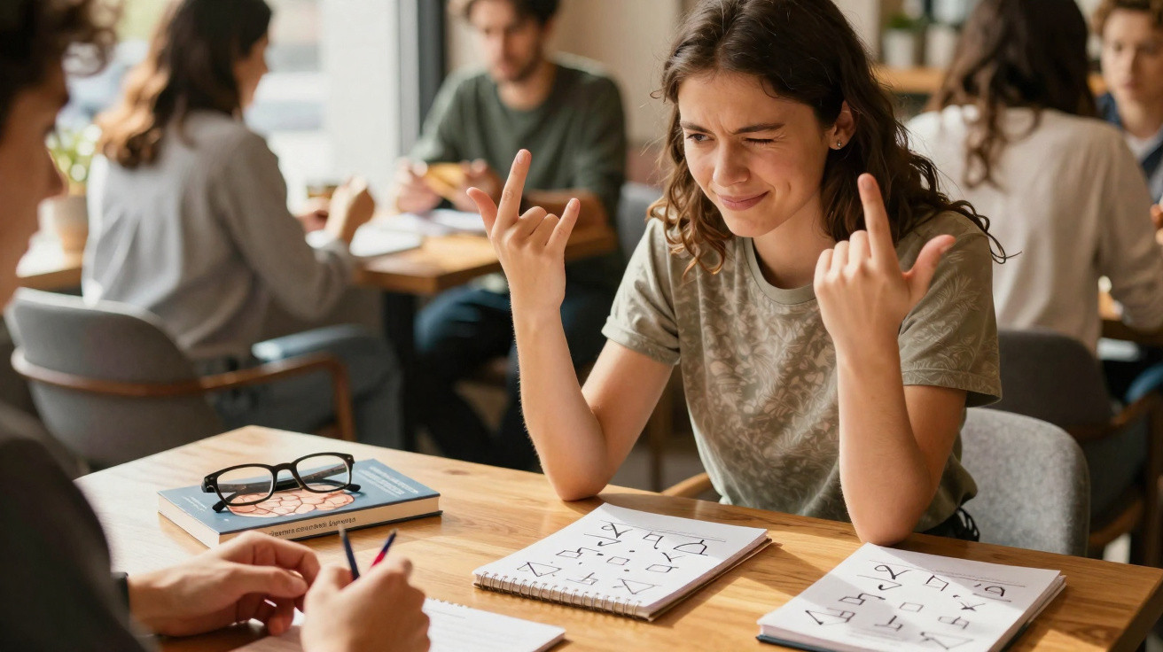 Jovem a tentar interpretar linguagem gestual de forma confusa numa aula com colegas ao redor.