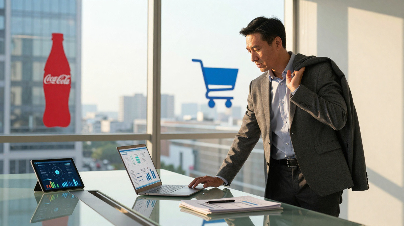 Homem de negócios em escritório moderno com portátil e tablet, analisando dados financeiros.