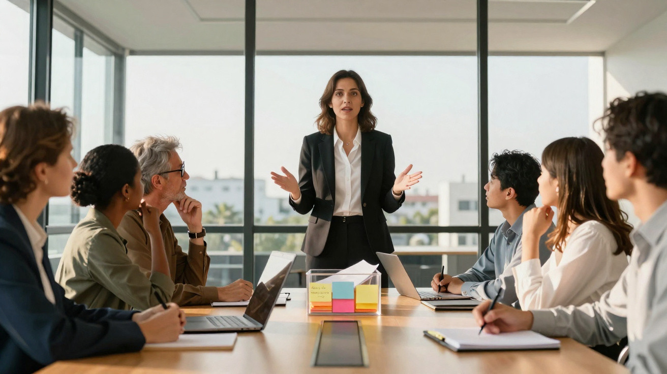 Mulher a apresentar ideias numa reunião de trabalho com cinco colegas à mesa numa sala moderna e luminosa.