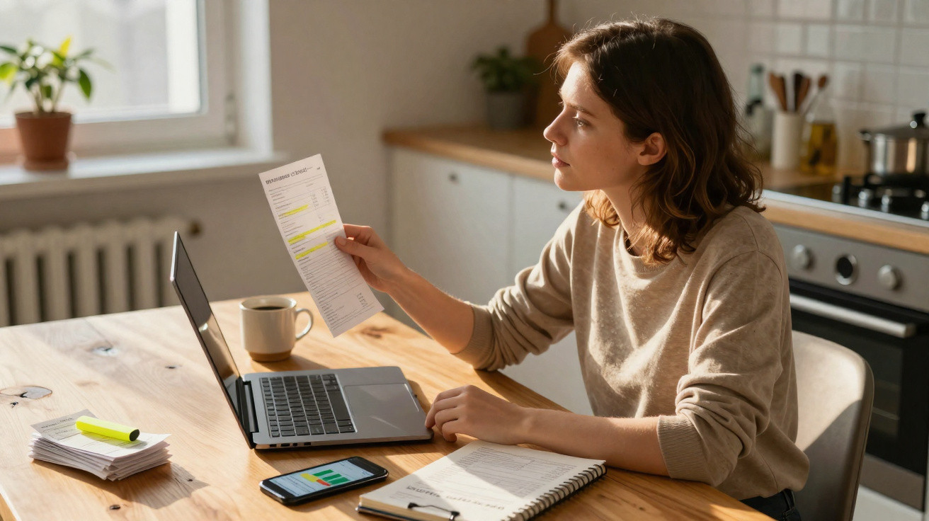 Mulher sentada à mesa a analisar documentos com portátil, telemóvel e caderno numa cozinha iluminada.
