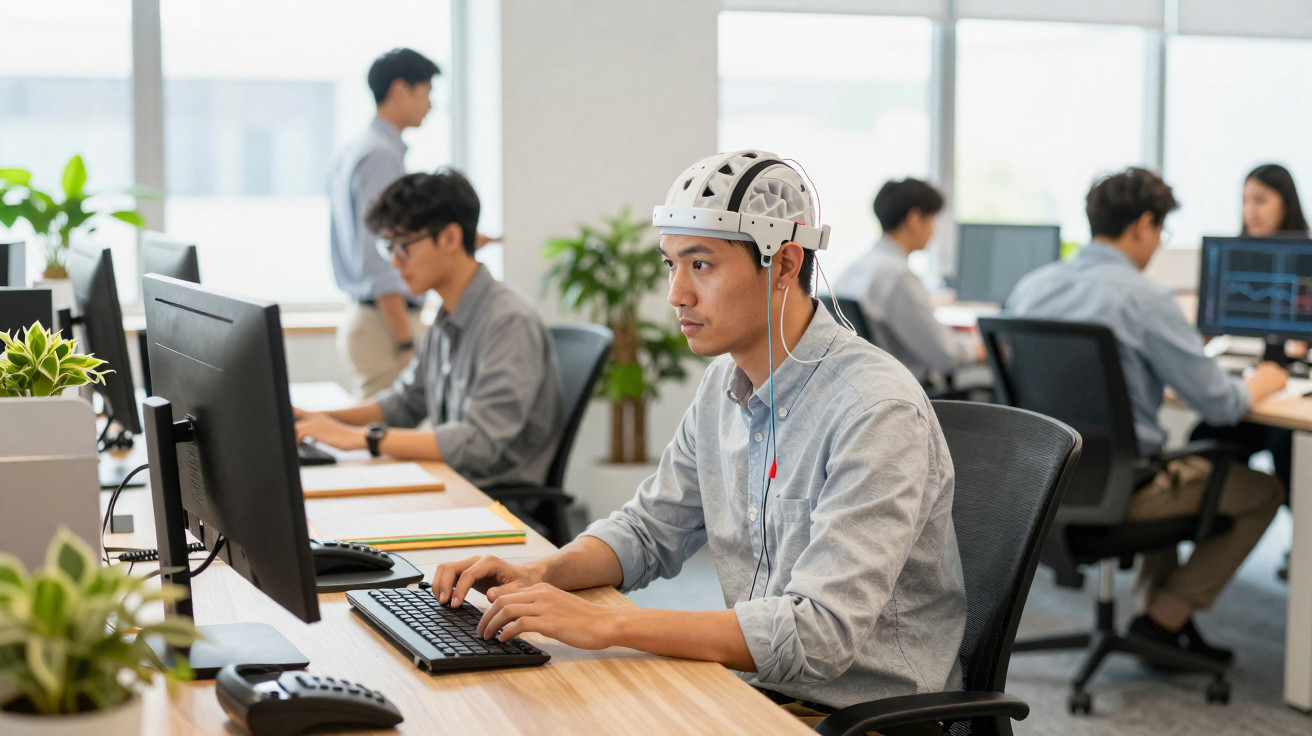Homem com capacete eletrônico trabalha em computador num escritório moderno com colegas ao fundo.