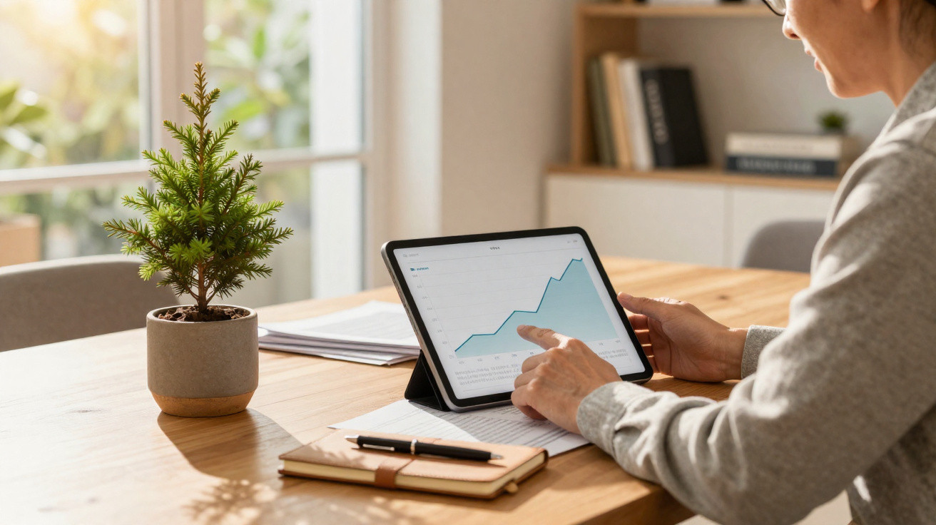 Pessoa a analisar gráfico crescente num tablet numa mesa com caderno, caneta e planta em vaso.