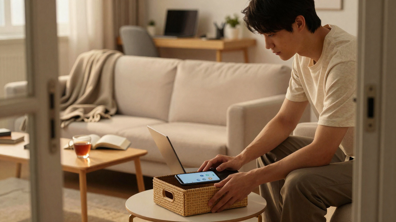 Homem sentado em sala moderna a usar smartphone sobre uma mesa com cesto de vime e sofá ao fundo.