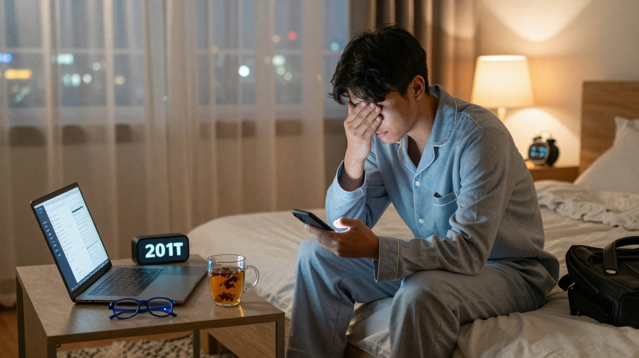 Homem cansado em pijama sentado na cama, olhando para o telemóvel numa noite numa casa com computador portátil aberto.
