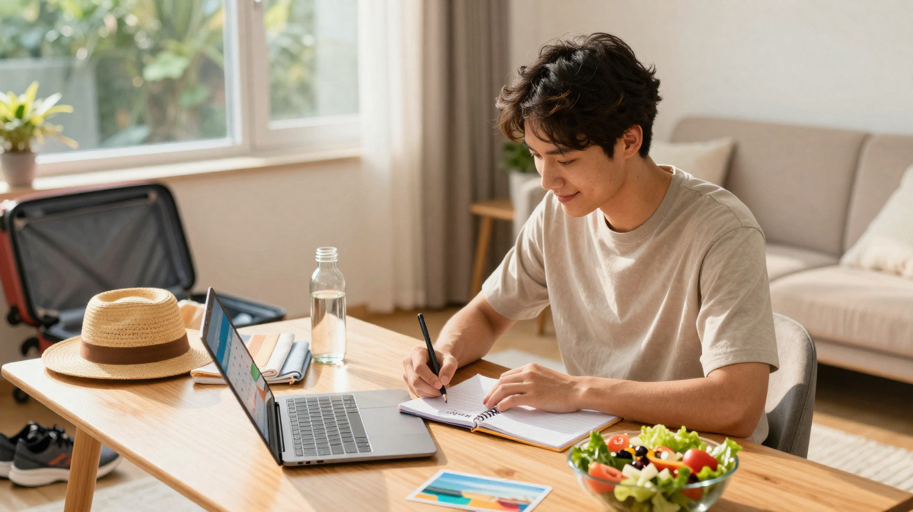 Jovem sentado a escrever num caderno, com computador aberto e salada numa taça numa mesa em casa.