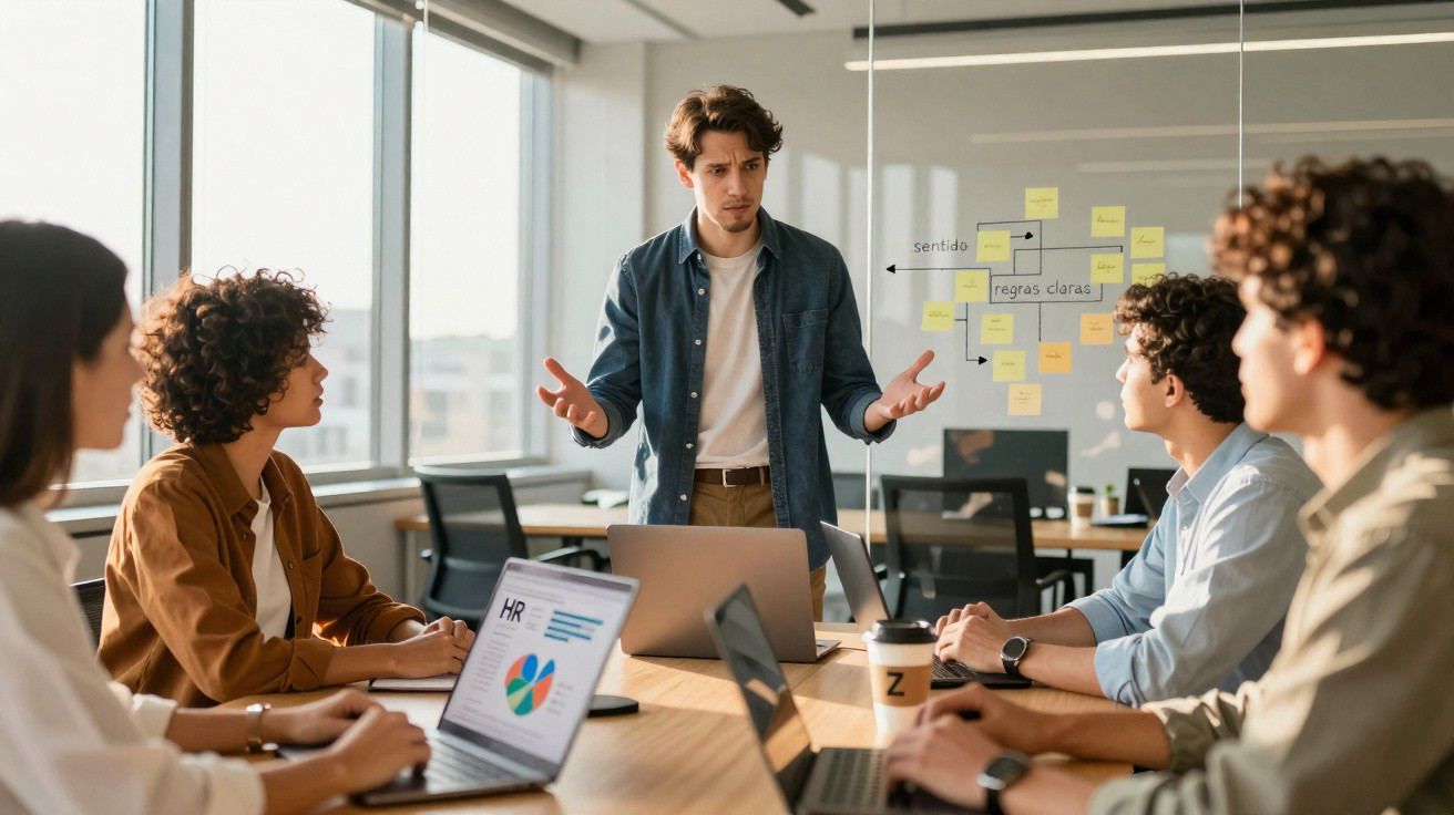 Reunião de trabalho com cinco pessoas a discutir estratégias em escritório moderno com gráficos e notas.
