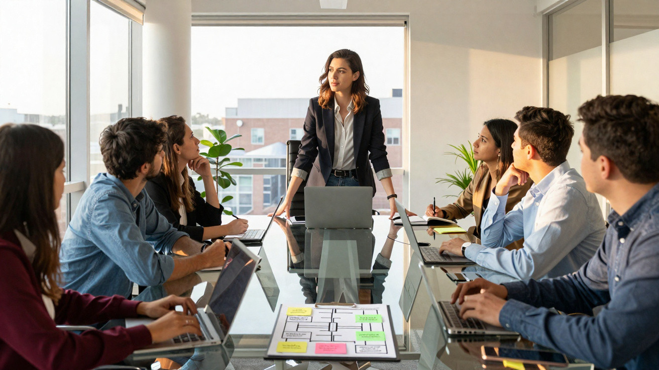 Reunião de trabalho com mulher a apresentar em sala moderna e grupo atento sentado à mesa com computadores.