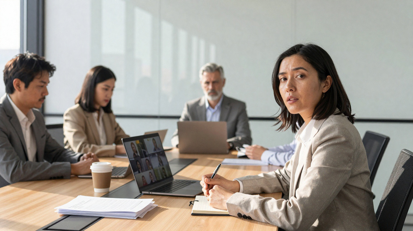 Equipe multicultural em reunião de negócios, com mulher a escrever e laptop com videoconferência na mesa.