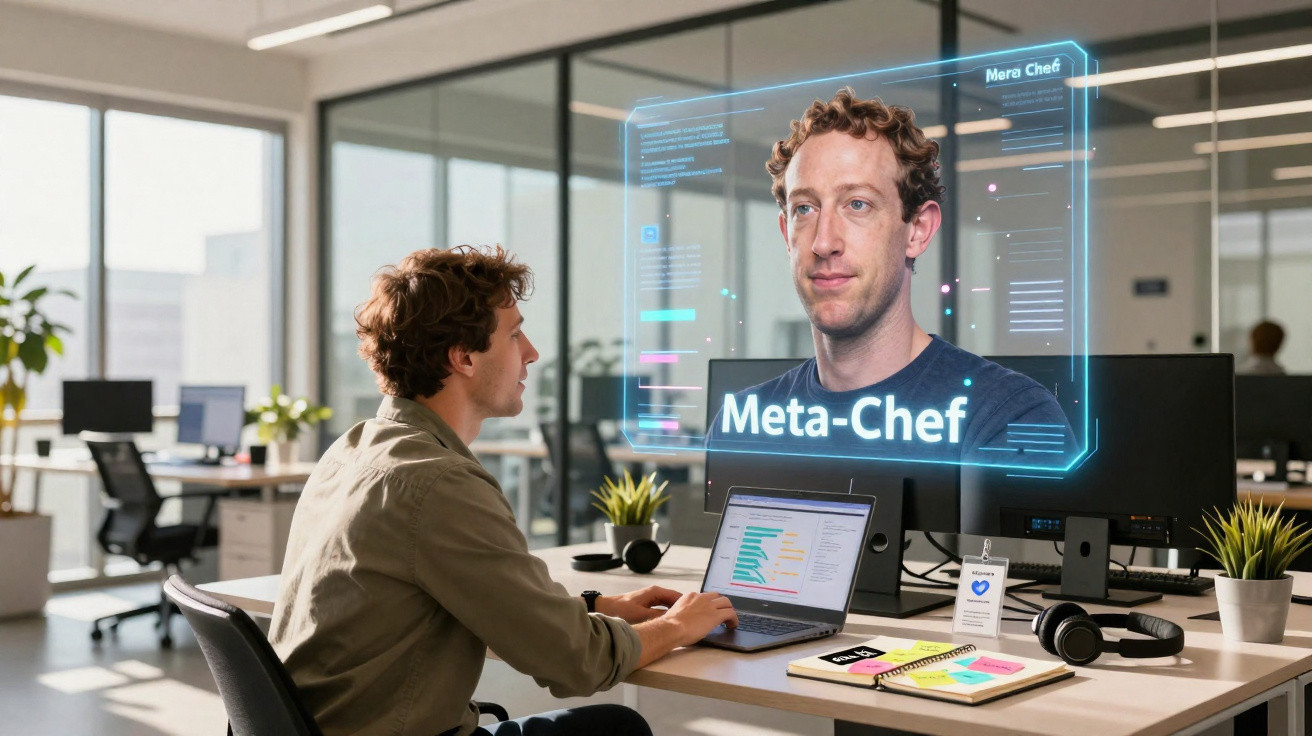 Homem sentado a trabalhar no computador com imagem holográfica do rosto e texto "Meta-Chef" em escritório moderno.
