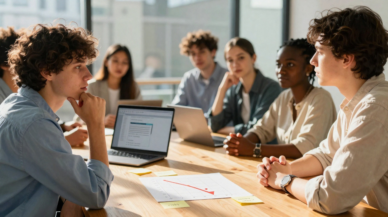 Grupo de jovens reunidos em redor de uma mesa discutindo gráficos e a trabalhar em laptops.