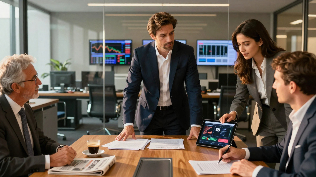 Quatro profissionais em reunião de negócios analisam gráficos financeiros numa sala moderna de escritório.