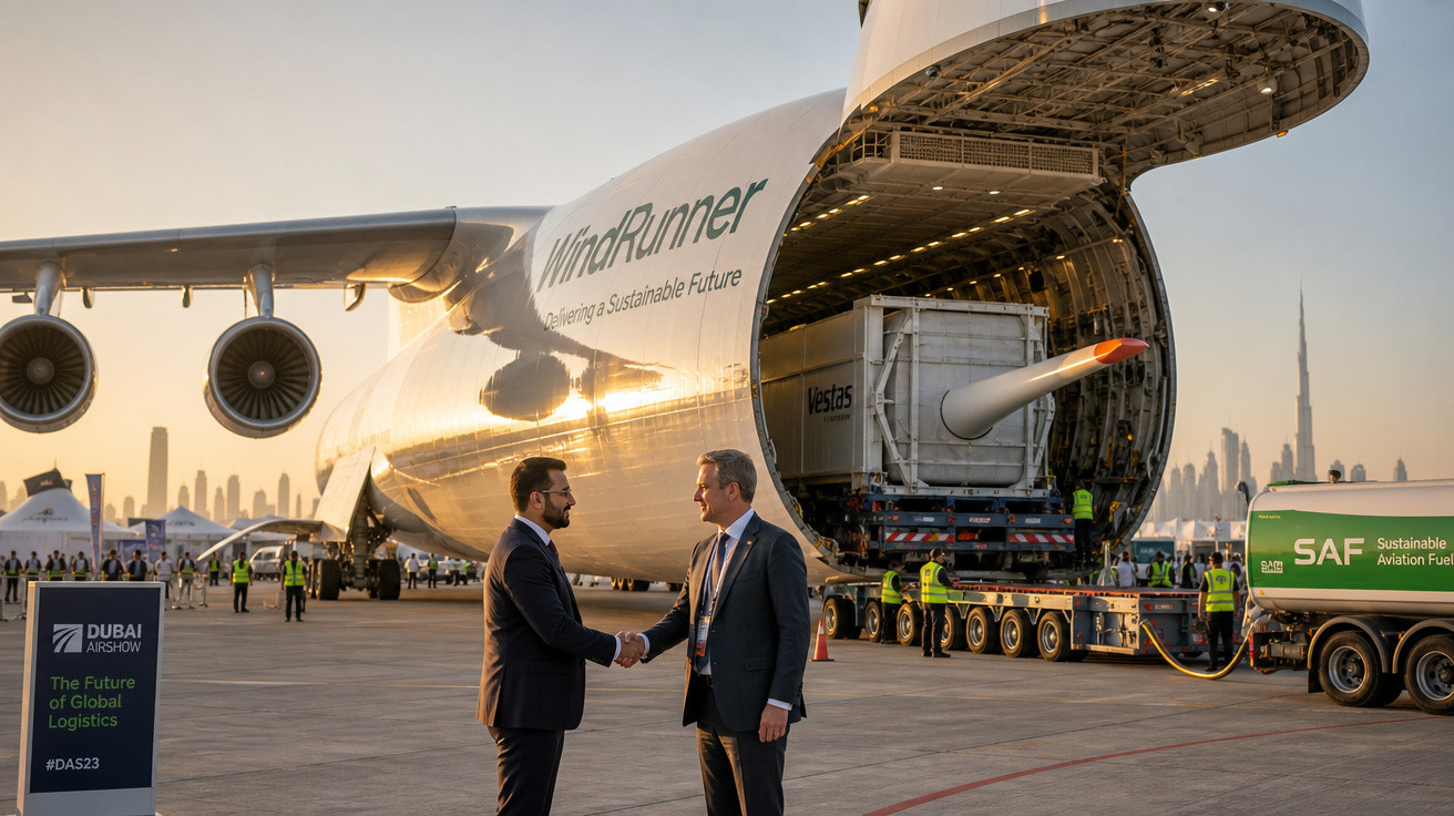 Dois homens de fato apertando as mãos em frente a um avião WindRunner com carga e skyline de Dubai ao fundo.
