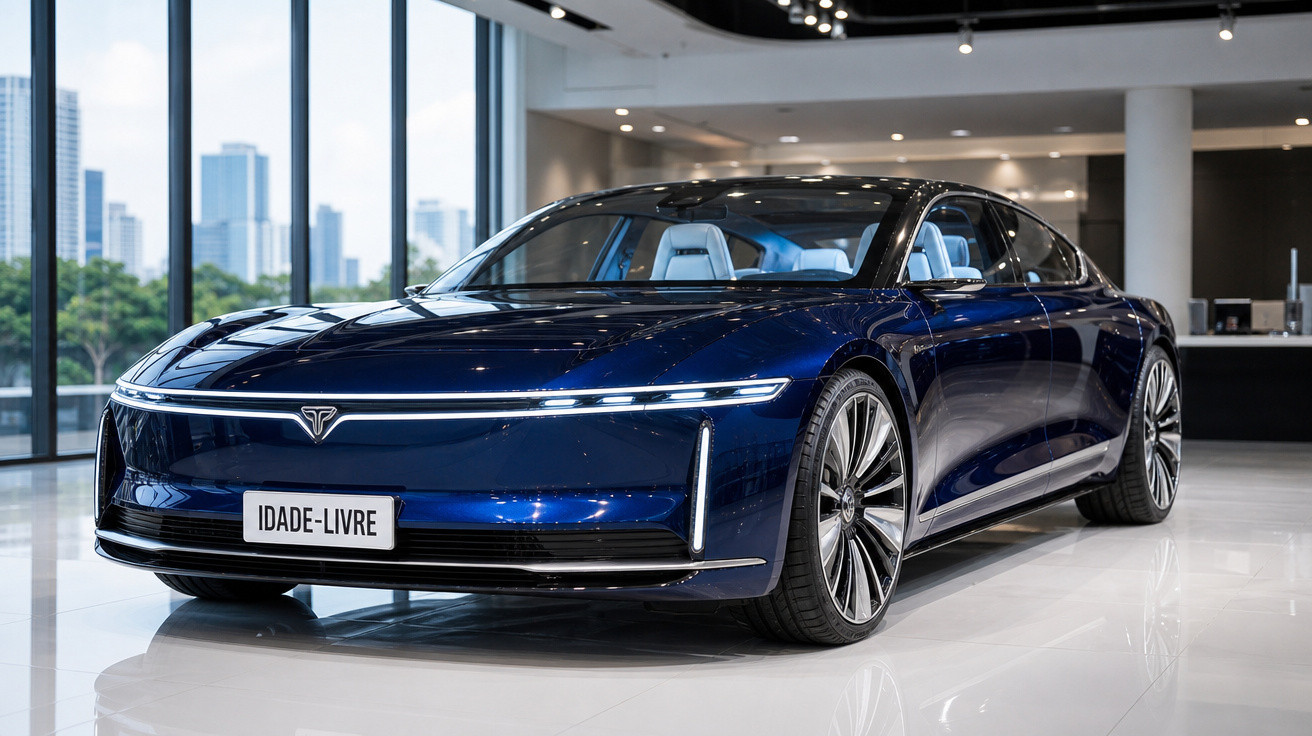 Carro elétrico Tesla azul escuro numa exposição moderna com janelas amplas e interiores iluminados.