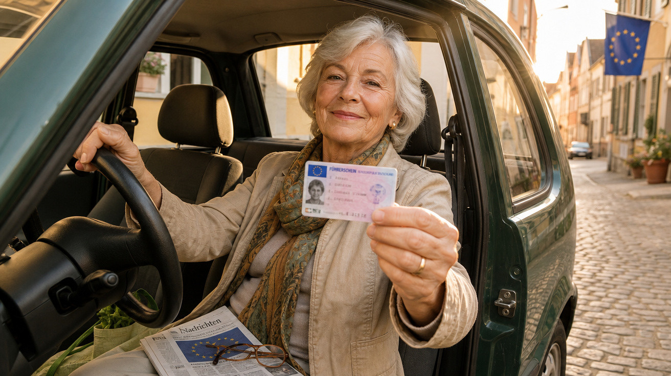 Mulher idosa sorridente sentada no carro a mostrar a carta de condução europeia com bandeira da UE.