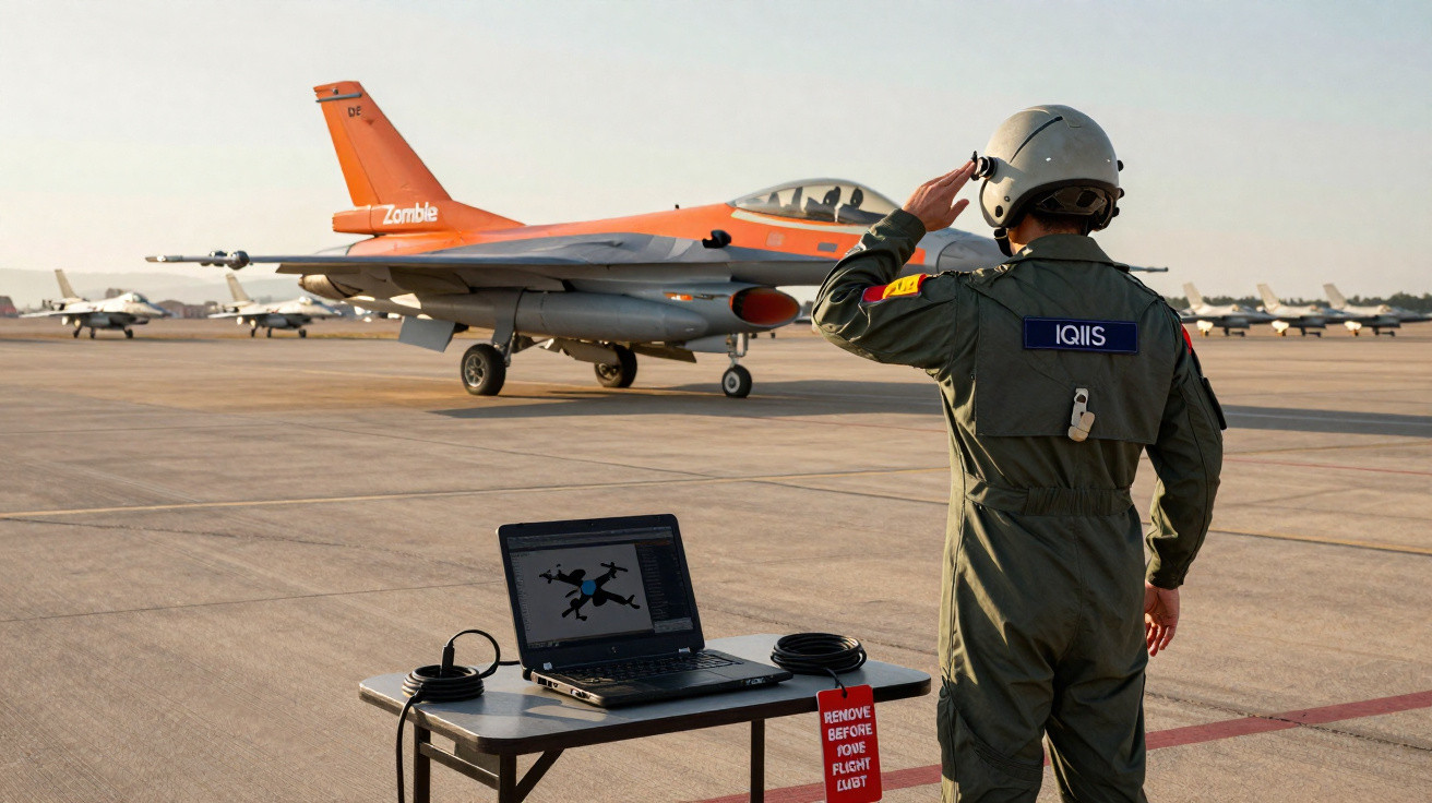 Piloto em uniforme militar a cumprimentar jato de combate laranja estacionado numa base aérea ao pôr do sol.